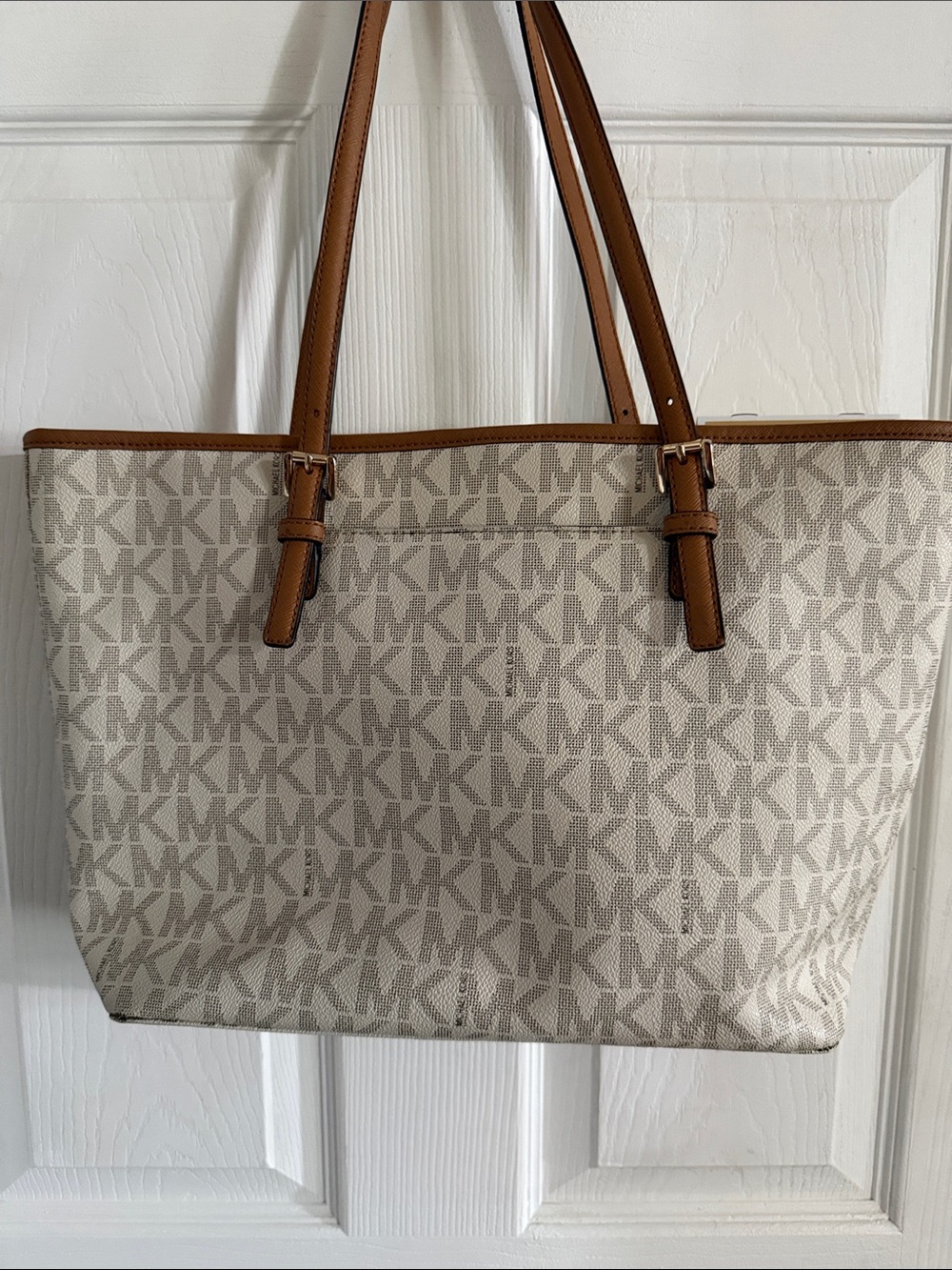 Michael Kors Cream Signature MK Tote with tan Leather Trim - Picture 3 of 9